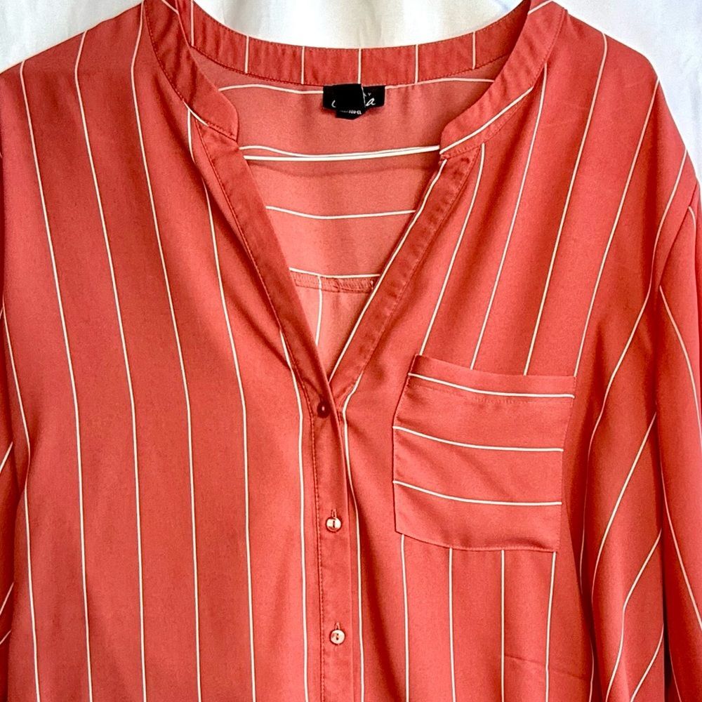 Simply Emma 3X Dk. Coral Button Shirt Blouse Long Sleeve Roll Tab Mandarin Vneck